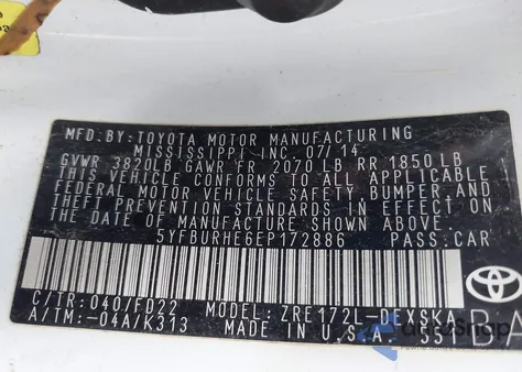 2014 Toyota Corolla S Plus z USA, uszkodzony, nr VIN 5YFBURHE6EP172886